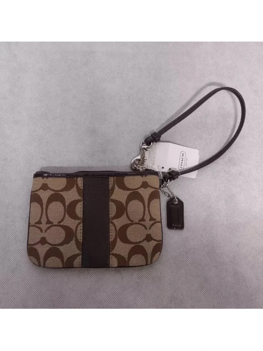 Coach Brown Signature Canvas Wristlet with Dark Brown Trim